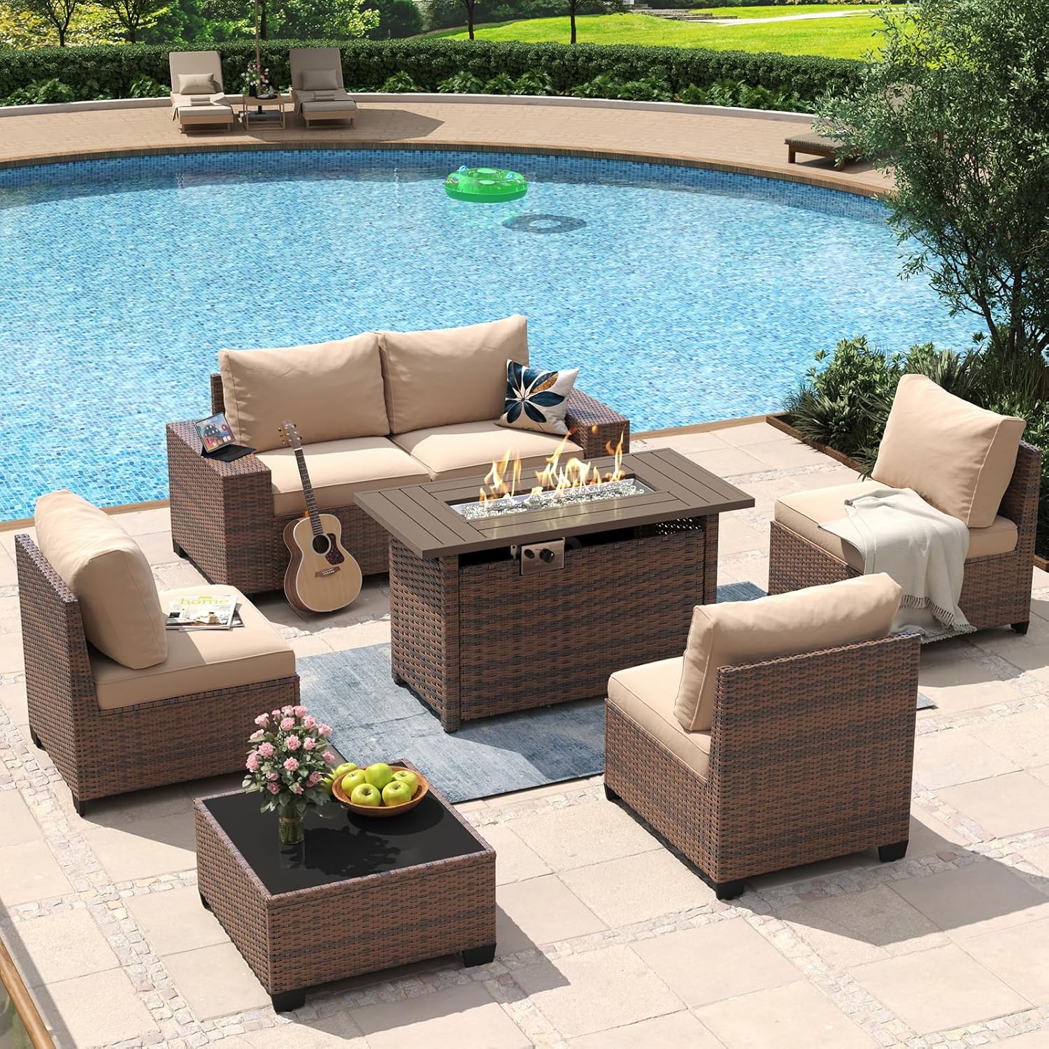 Aoxun 8 Piece Patio Furniture Set with 44?Fire Pit Table Wicker Rattan Outdoor Sectional Sofa Set with Coffee Table and Thickened Cushions, Beige (Waterproof Cover Included)