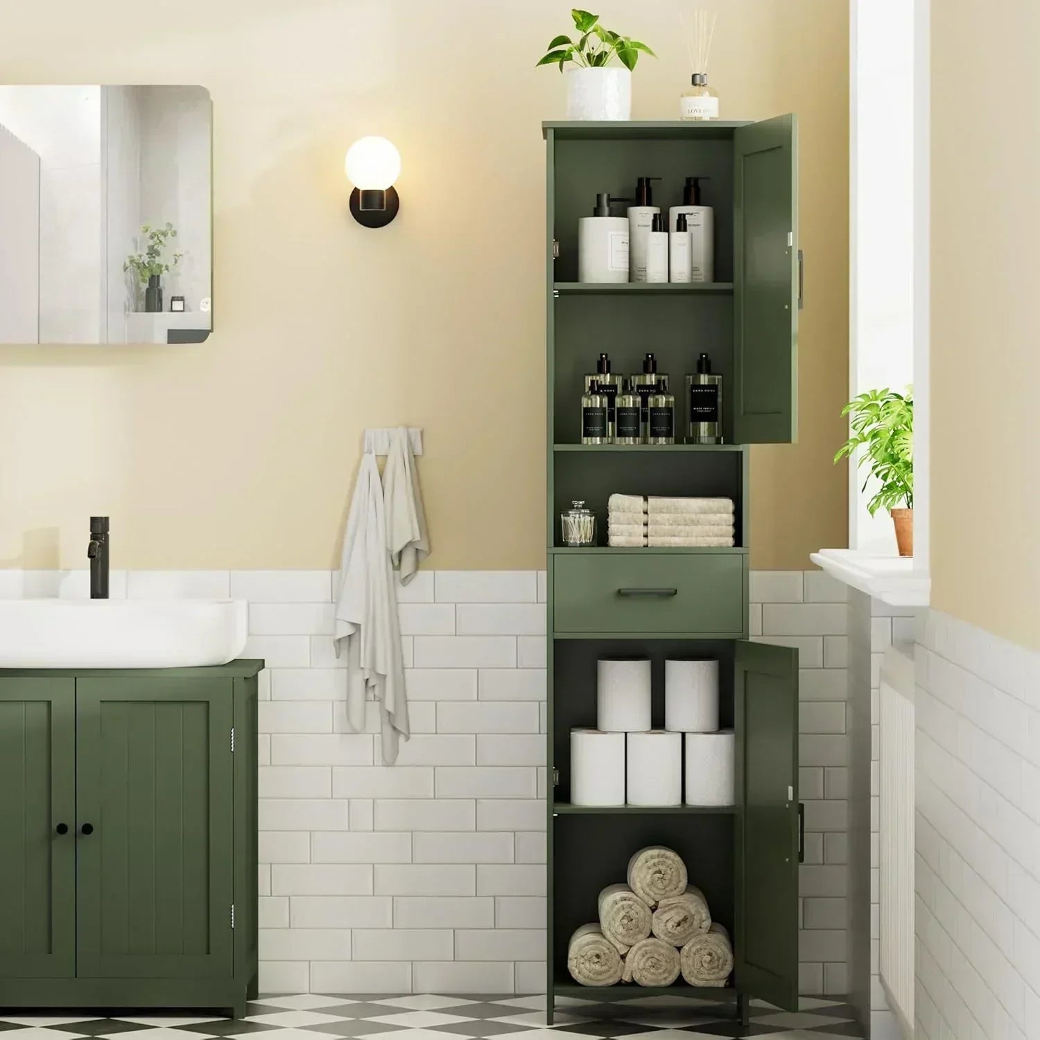 Homhedy 67 H Tall Bathroom Storage Cabinet with 2 Barn Doors and 1 Drawer Narrow Storage Unit