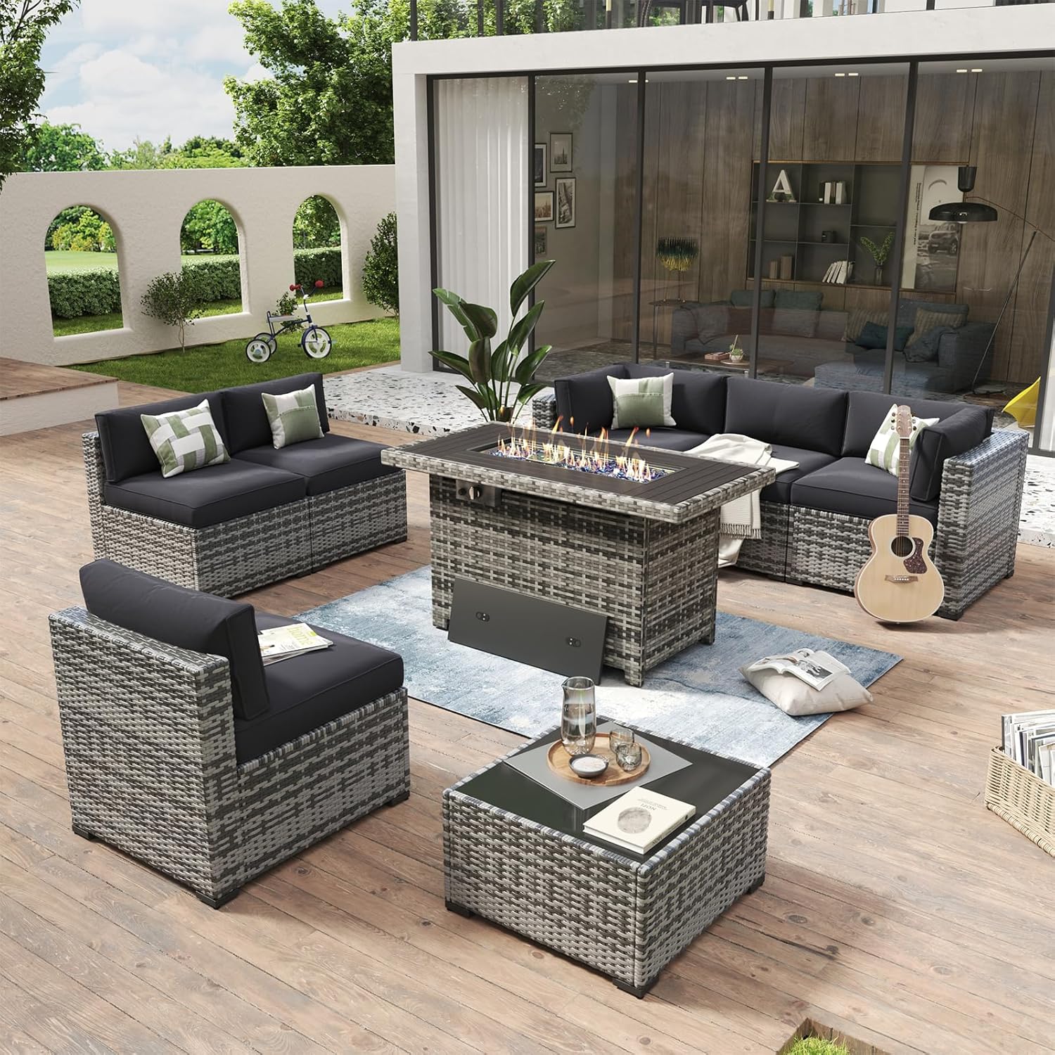 Aoxun 8 Piece Patio Furniture Set with 44?Fire Pit Table Wicker Rattan Outdoor Sectional Sofa Set with Coffee Table and Thickened Cushions, Beige (Waterproof Cover Included)