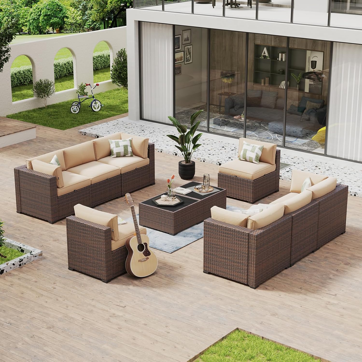 Aoxun 8 Piece Patio Furniture Set with 44?Fire Pit Table Wicker Rattan Outdoor Sectional Sofa Set with Coffee Table and Thickened Cushions, Beige (Waterproof Cover Included)