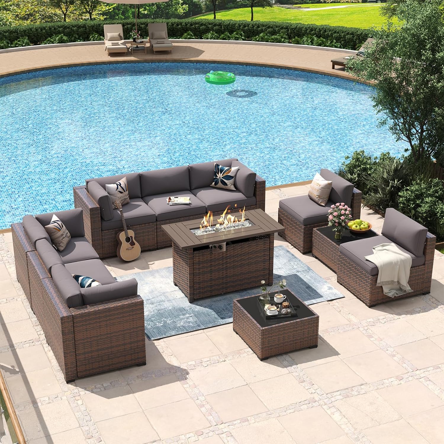 Aoxun 8 Piece Patio Furniture Set with 44?Fire Pit Table Wicker Rattan Outdoor Sectional Sofa Set with Coffee Table and Thickened Cushions, Beige (Waterproof Cover Included)
