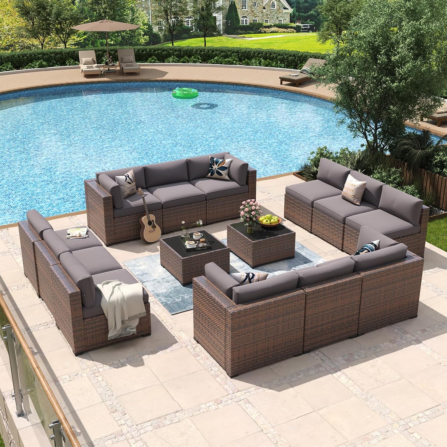 Aoxun 8 Piece Patio Furniture Set with 44?Fire Pit Table Wicker Rattan Outdoor Sectional Sofa Set with Coffee Table and Thickened Cushions, Beige (Waterproof Cover Included)