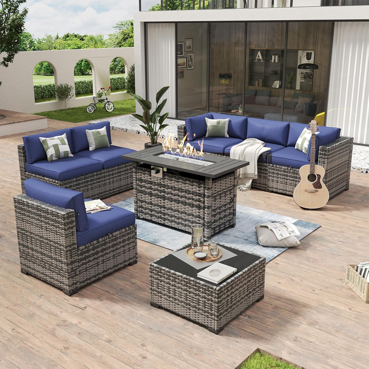 Aoxun 8 Piece Patio Furniture Set with 44?Fire Pit Table Wicker Rattan Outdoor Sectional Sofa Set with Coffee Table and Thickened Cushions, Beige (Waterproof Cover Included)