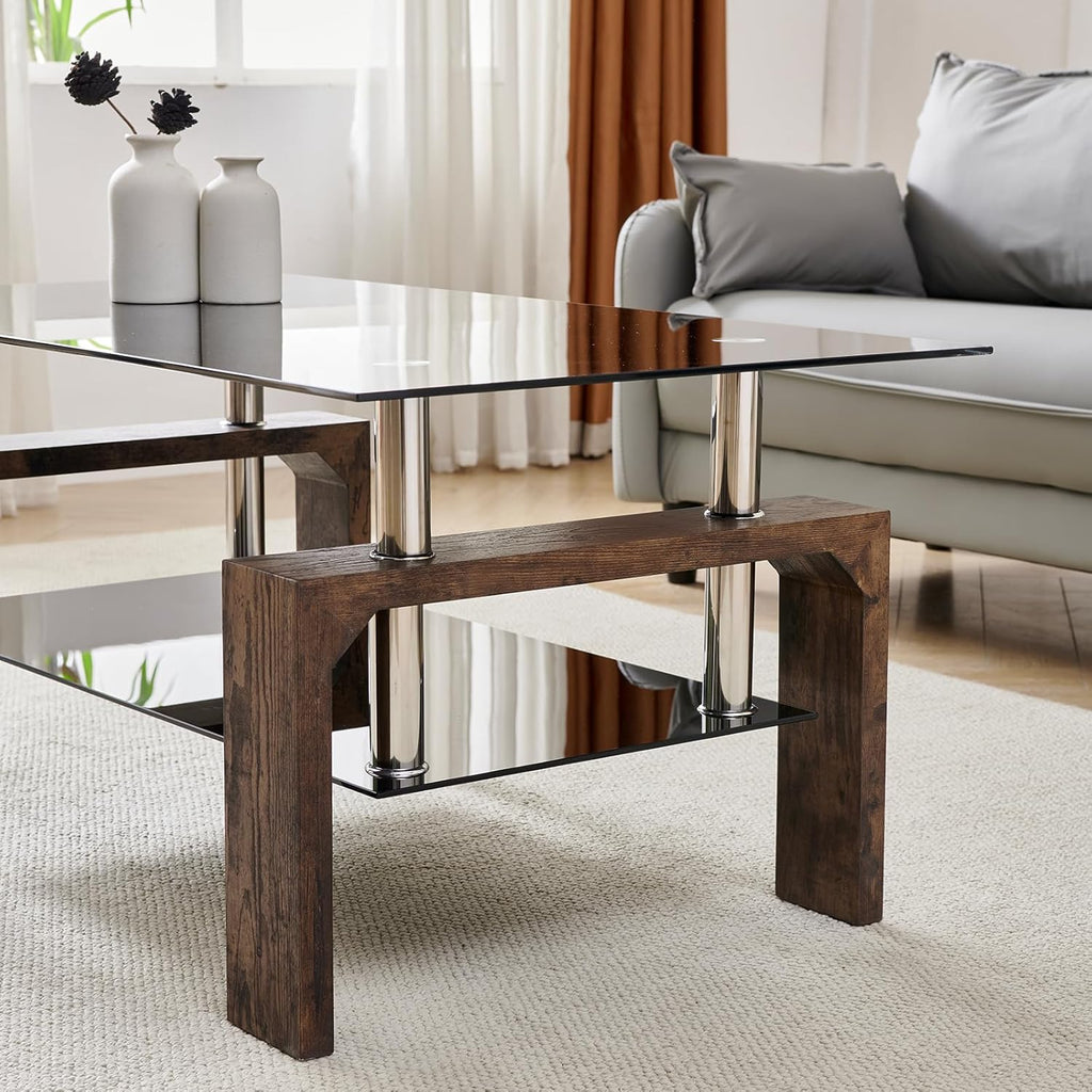 Living Room Rectangle Coffee Table, Tea Table Suitable for Waiting Room, Modern Side Coffee Table with Wooden Leg, Glass Tabletop
