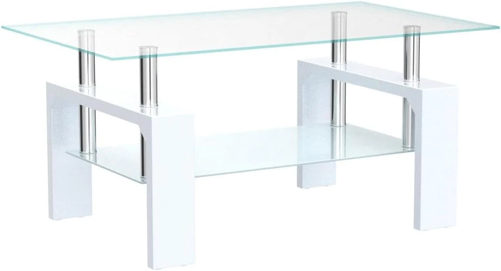 Living Room Rectangle Coffee Table, Tea Table Suitable for Waiting Room, Modern Side Coffee Table with Wooden Leg, Glass Tabletop