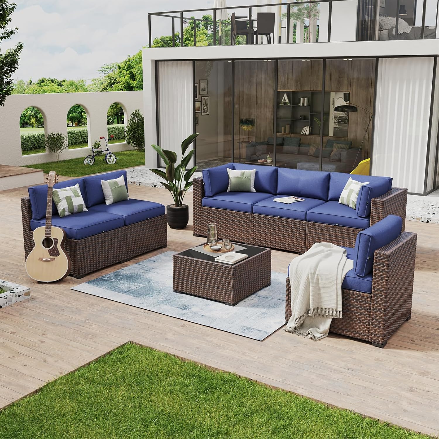 Aoxun 8 Piece Patio Furniture Set with 44?Fire Pit Table Wicker Rattan Outdoor Sectional Sofa Set with Coffee Table and Thickened Cushions, Beige (Waterproof Cover Included)
