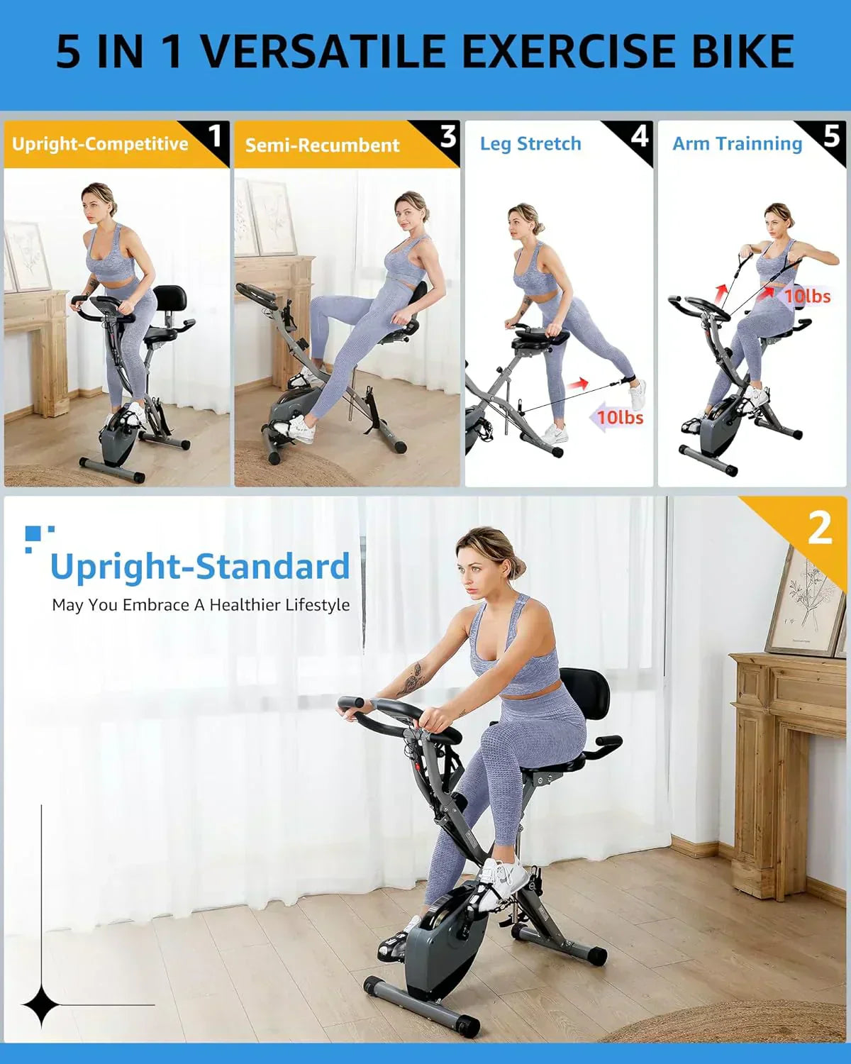 Foldable Exercise Bike Stationary Bikes  5 IN 1 Indoor Workout Cycling Bike Quiet Magnetic Resistance