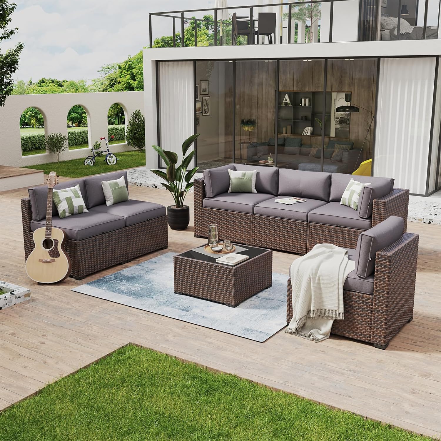 Aoxun 8 Piece Patio Furniture Set with 44?Fire Pit Table Wicker Rattan Outdoor Sectional Sofa Set with Coffee Table and Thickened Cushions, Beige (Waterproof Cover Included)