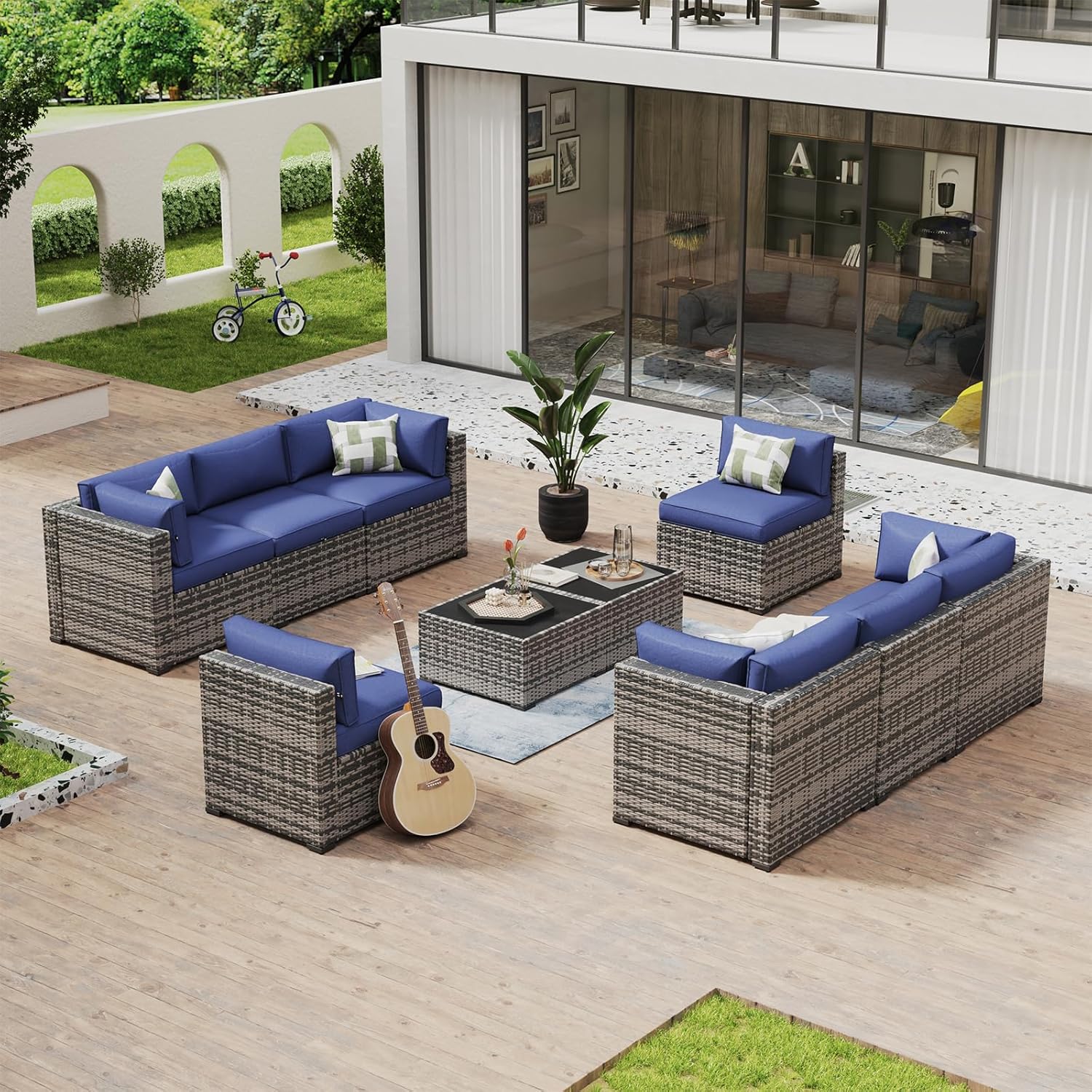 Aoxun 8 Piece Patio Furniture Set with 44?Fire Pit Table Wicker Rattan Outdoor Sectional Sofa Set with Coffee Table and Thickened Cushions, Beige (Waterproof Cover Included)