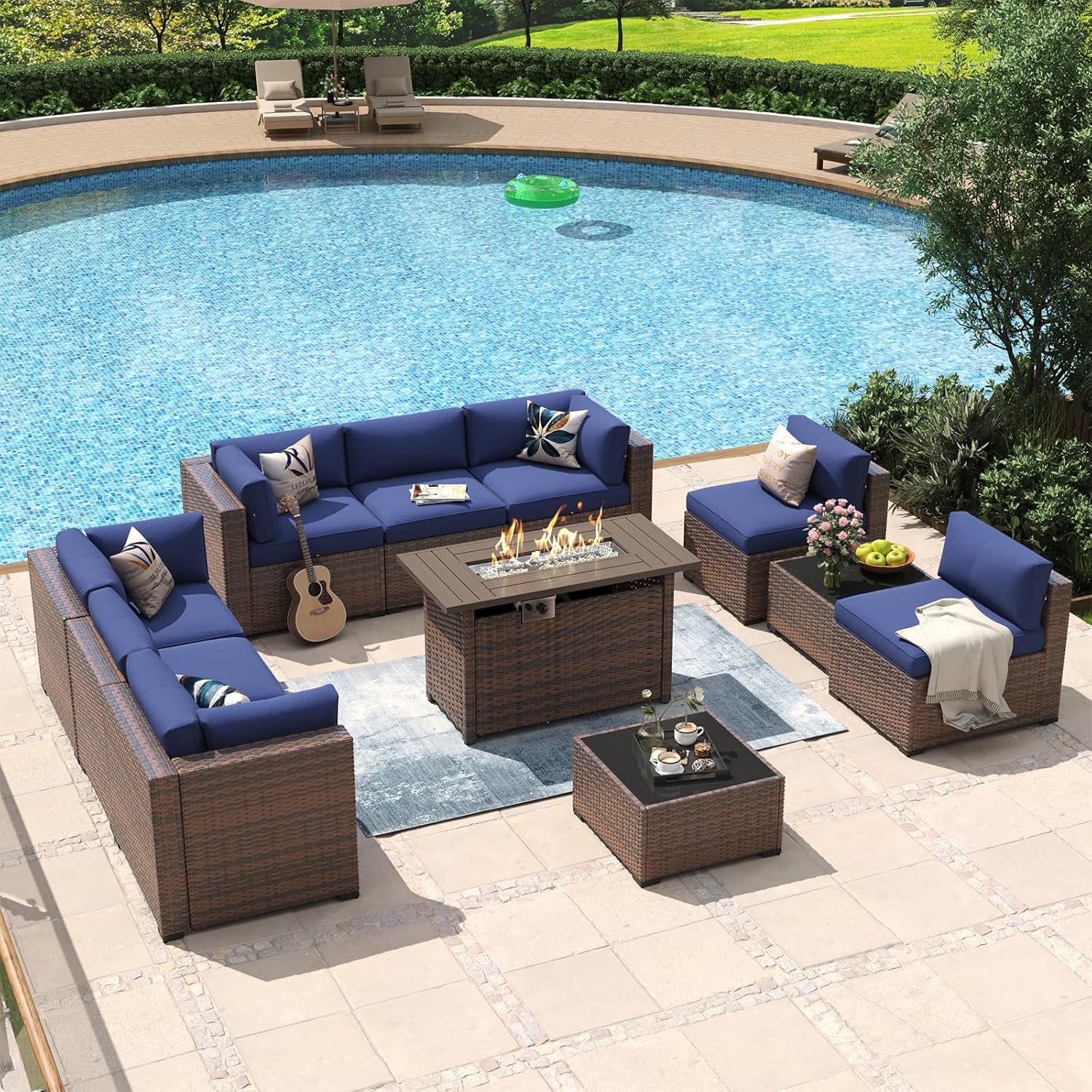 Aoxun 8 Piece Patio Furniture Set with 44?Fire Pit Table Wicker Rattan Outdoor Sectional Sofa Set with Coffee Table and Thickened Cushions, Beige (Waterproof Cover Included)